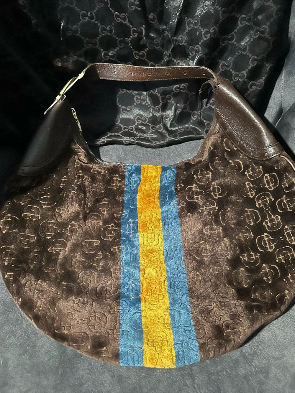 Gucci Brown Velvet Hobo with Blue and Gold Center Stripes